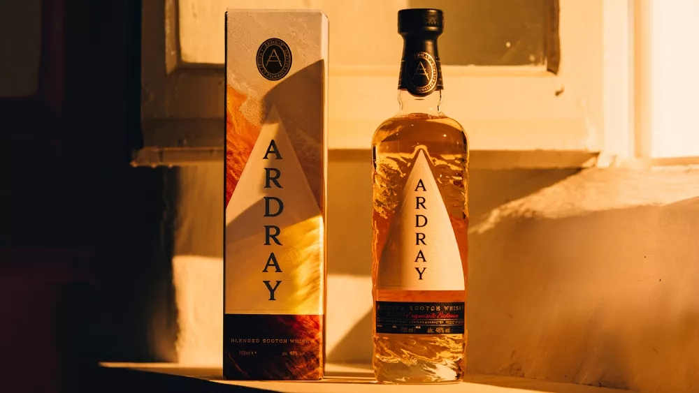 ardray blended scotch whisky bottle with box by window
